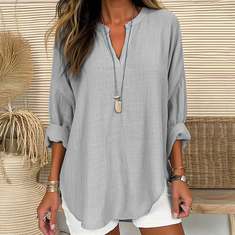 V-neck Casual Long-sleeved Top - Grey - 5XL - image 4