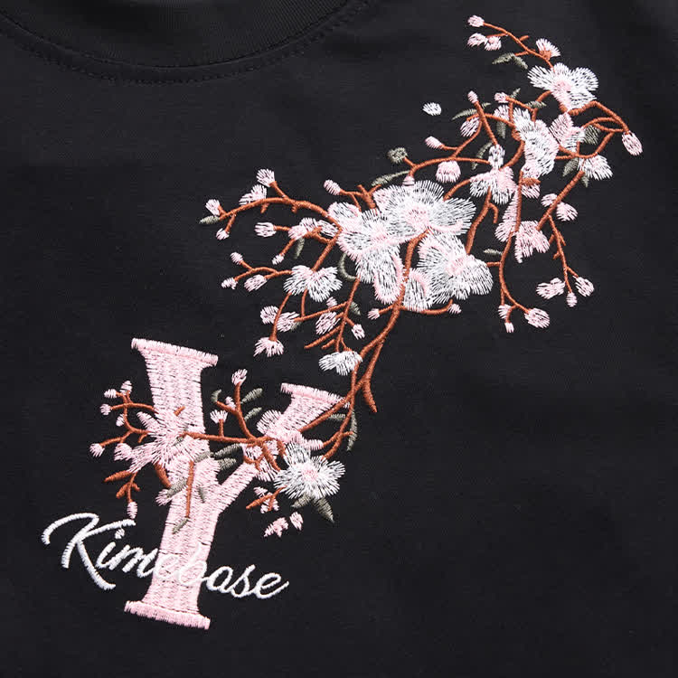 Casual Embroidered Letters Sakura Graphic Round Neck T-Shirt - image 12