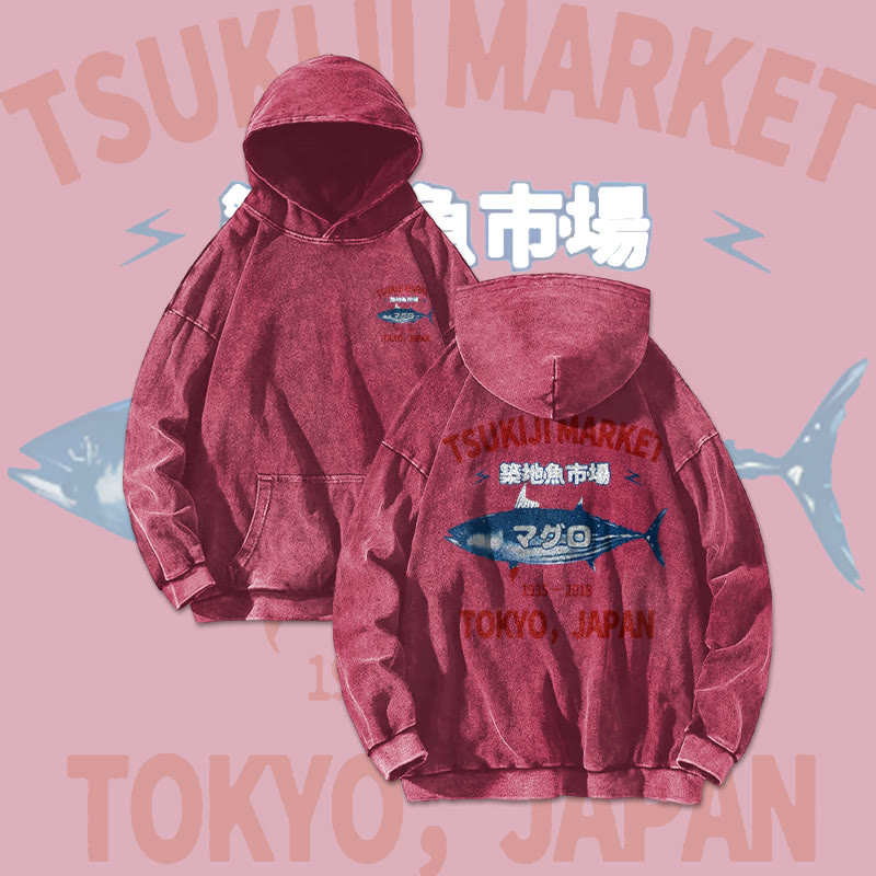 Unisex 100% Cotton Tsukiji Market Printed Washed Hoodie 
