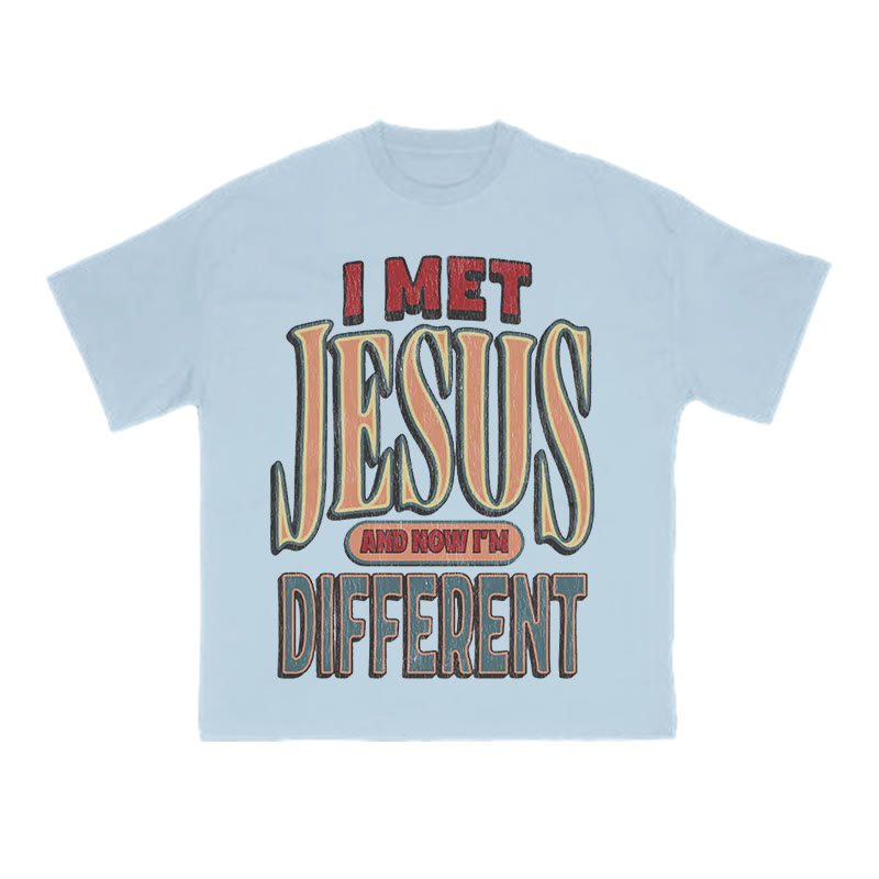 Unisex I Met Jesus And Now I'm Different Print T-shirt - Light Blue - US16-18(2XL) - image 12
