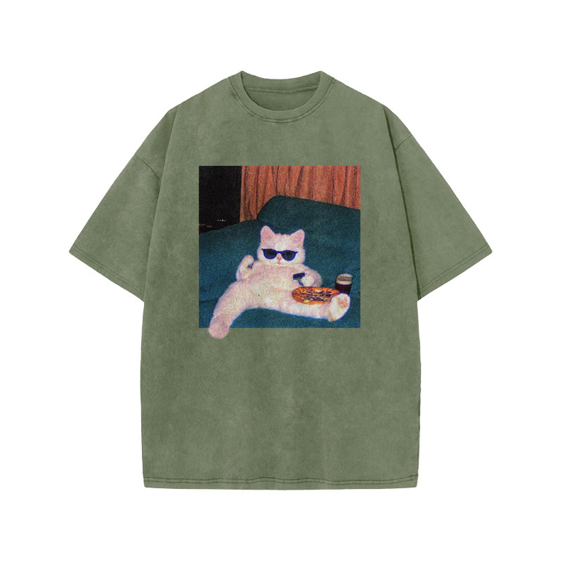 Unisex 100% Cotton Cool Cat Print Acid Washed T-shirt - Army Green - US20-22(3XL) - image 5