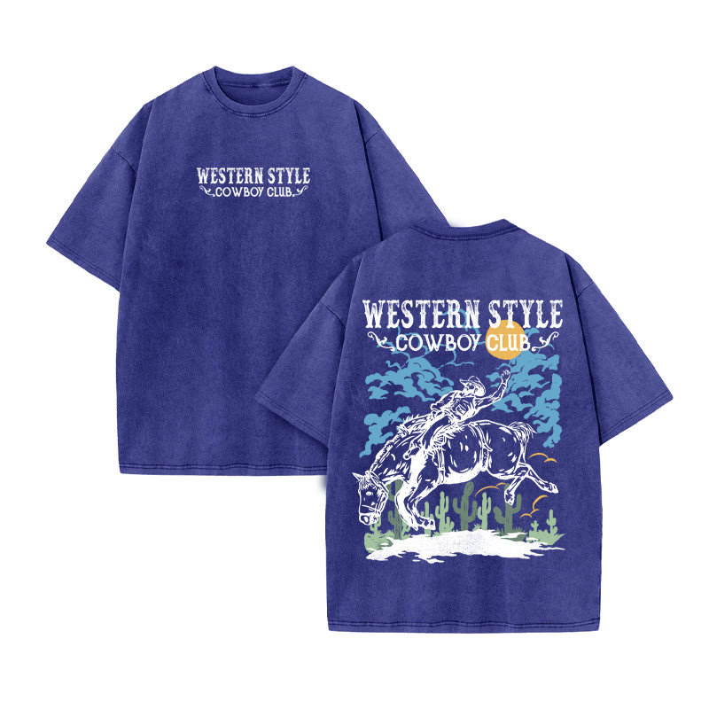 Unisex 100% Cotton Western Style Print Acid Washed T-shirt