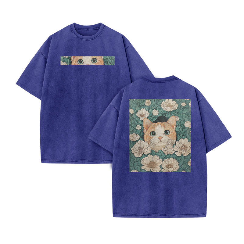 A Black Cat Hidden Among Clusters Of White Flowers Print Acid Washed T-shirt - Blue - US20-22(3XL) - image 9