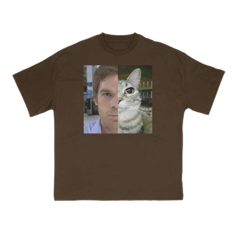 Unisex Patchwork Cat Print T-shirt - Coffee - US16-18(2XL) - image 6