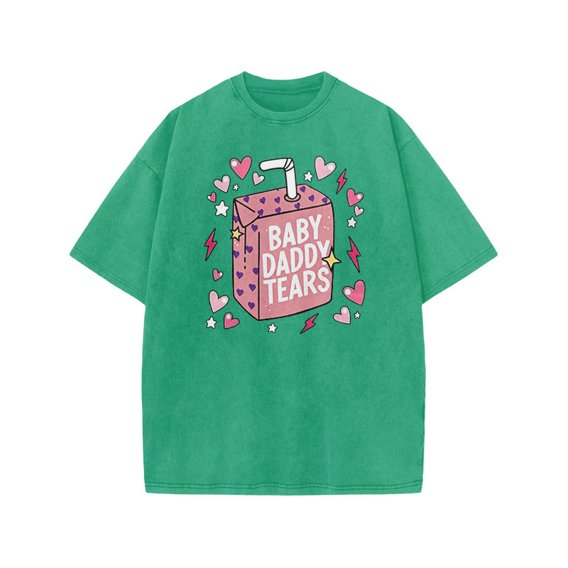 Baby Daddy Tears Print Acid Washed T-shirt - Green - US20-22(3XL) - image 9