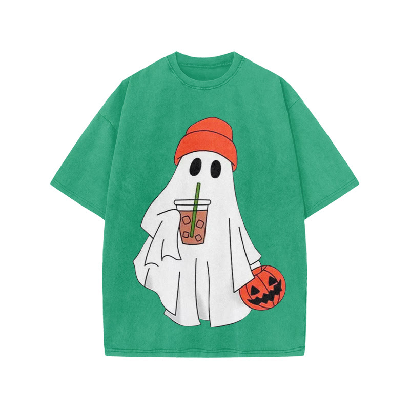 Unisex Halloween Ghost Drinking Coffee Print Acid Washed T-shirt - Green - US20-22(3XL) - image 8