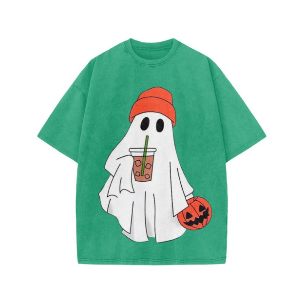Unisex Halloween Ghost Drinking Coffee Print Acid Washed T-shirt - Green - US20-22(3XL) - image 8
