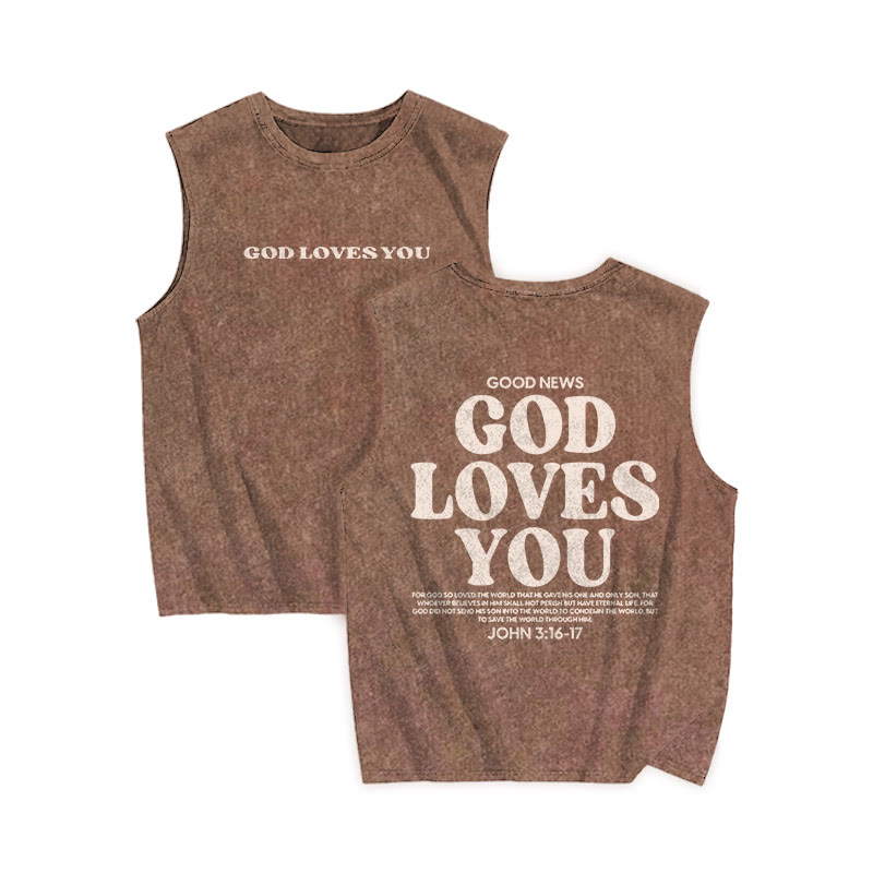 Unisex 100% Cotton God Loves You Print Washed Tank Top - Brown - 3XL - image 5
