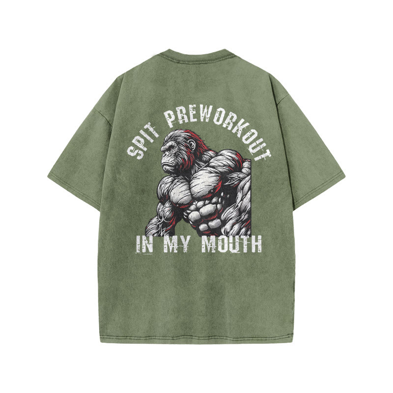 100% Cotton Spit Preworkout In My Mouth Gym Print Acid Washed T-shirt - Army Green - US20-22(3XL) - image 8
