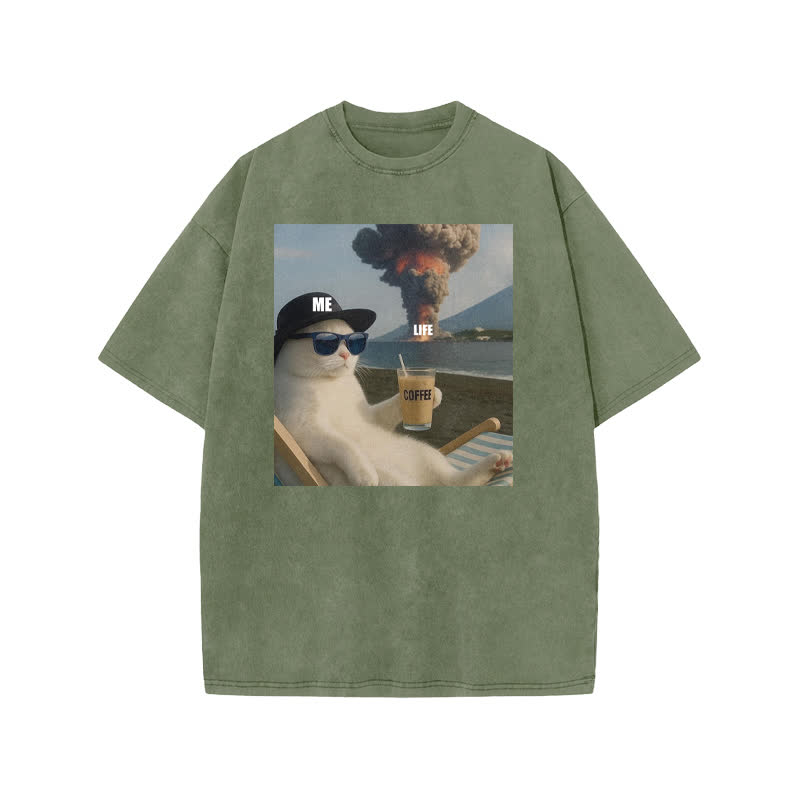 Unisex 100% Cotton Life Explosion Print Acid Washed T-shirt - Army Green - US20-22(3XL) - image 5