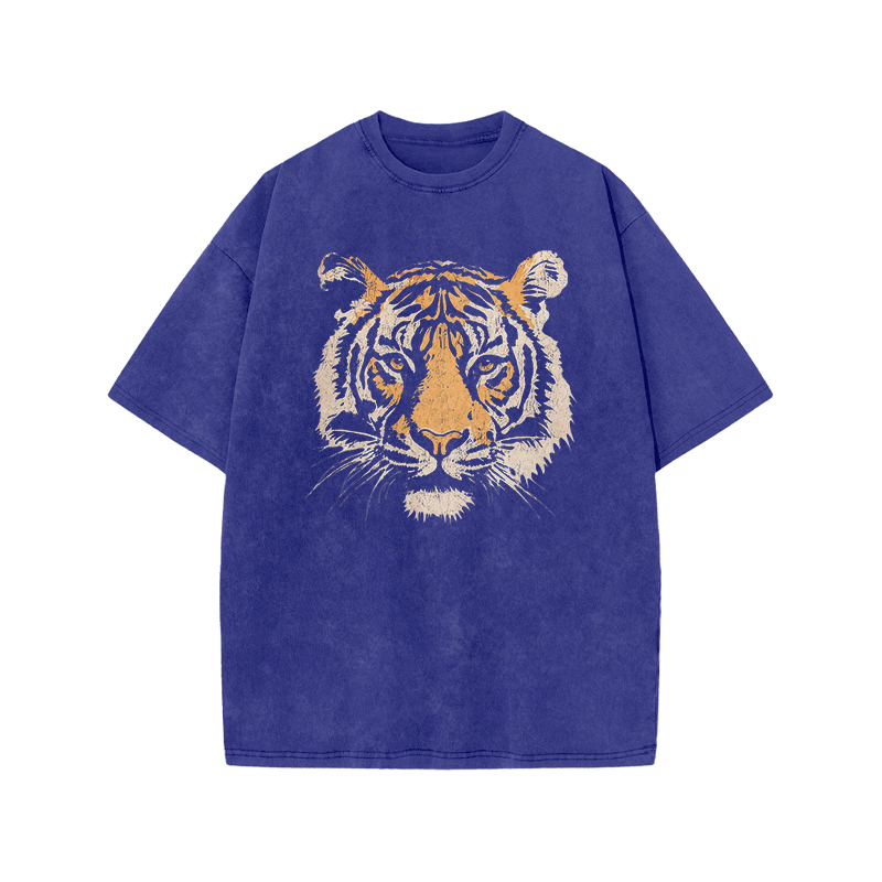 Vintage Tiger Head Round Neck Graphic Print Acid Washed T-Shirt - Blue - US20-22(3XL) - image 3