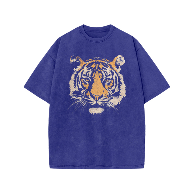 Vintage Tiger Head Round Neck Graphic Print Acid Washed T-Shirt - Blue - US20-22(3XL) - image 3
