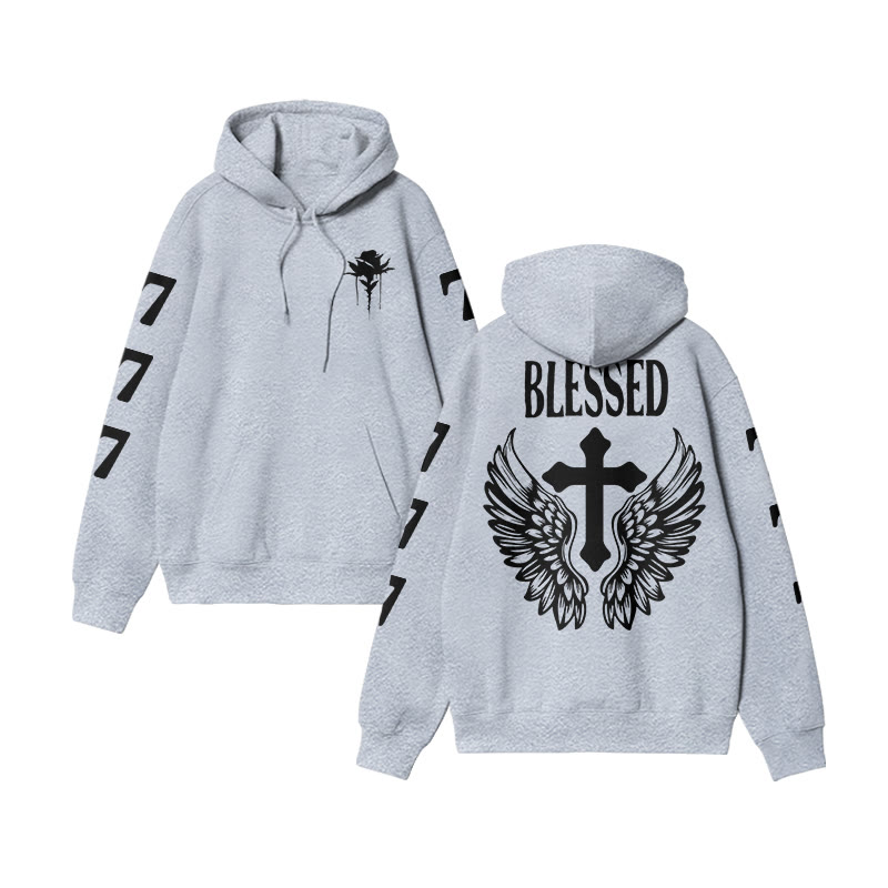 Unisex 100% Cotton Blessed Cross Wings Print Hoodie - Grey - US16-18(2XL) - image 4