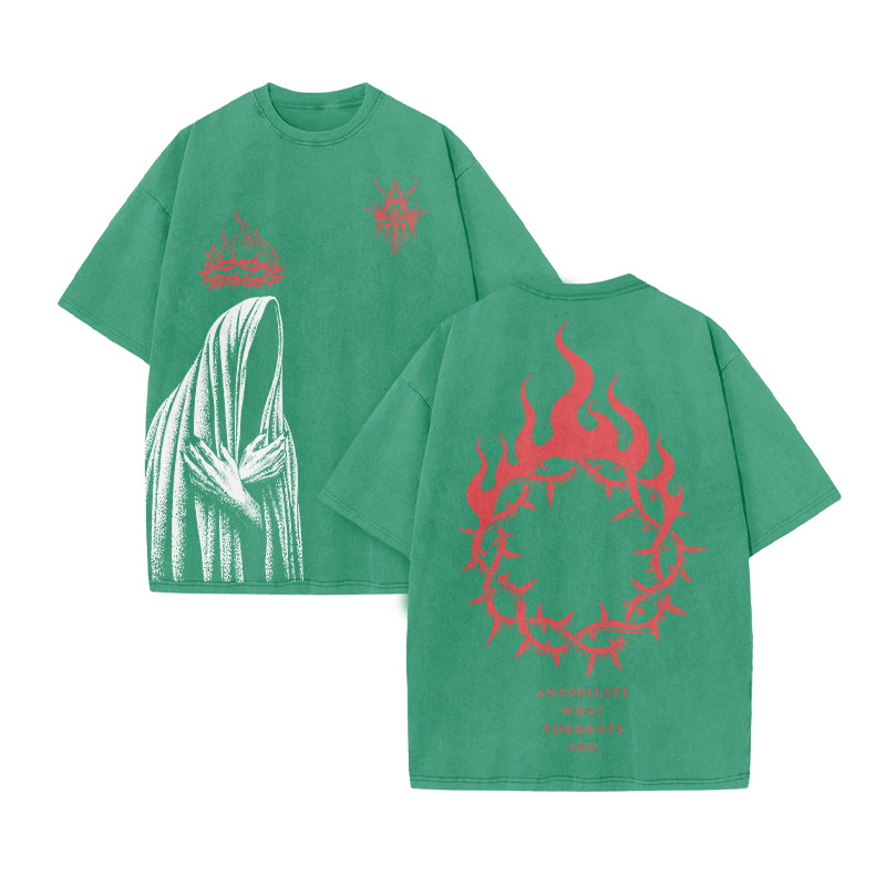Annihilate What Torments You Print Acid Washed T-shirt - Green - US20-22(3XL) - image 8