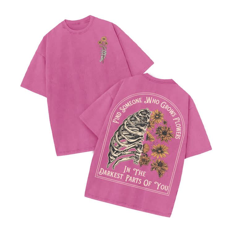 Vintage Floral Ribcage Print Acid Washed T-Shirt - Pink - US20-22(3XL) - image 9