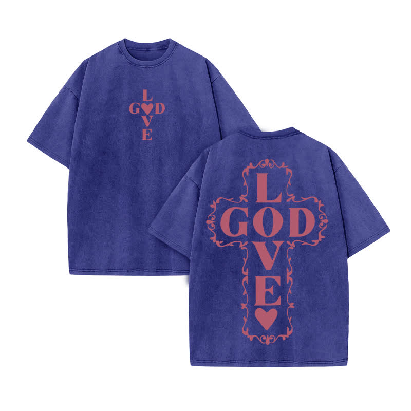 Unisex 100% Cotton GOD LOVE YOU Print Acid Washed T-shirt - Blue - US20-22(3XL) - image 10