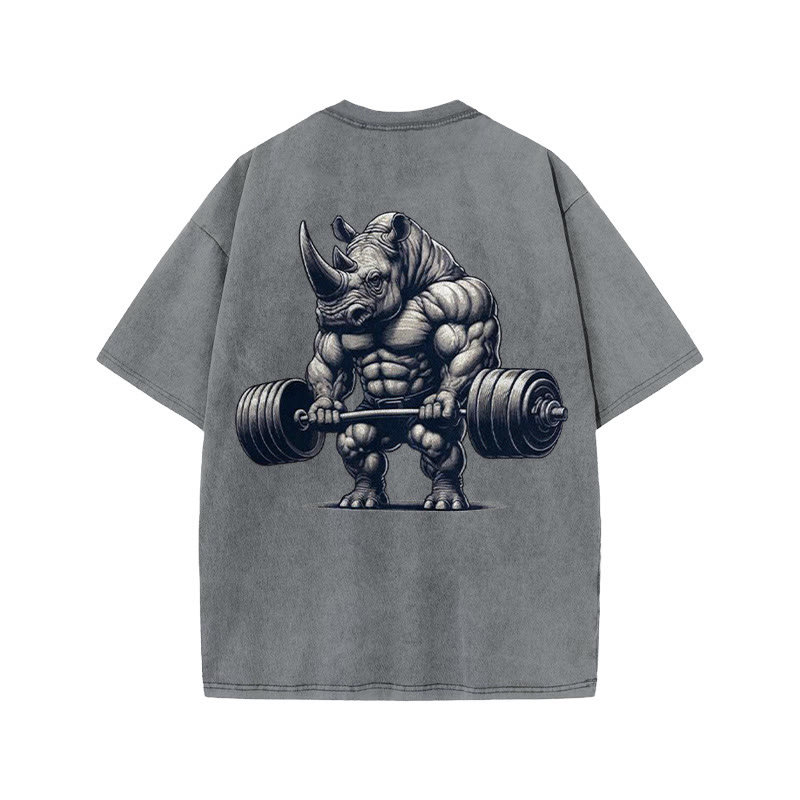 100% Cotton Lifting Strong Rhinoceros Gym Print Acid Washed T-shirt - Grey - US20-22(3XL) - image 4