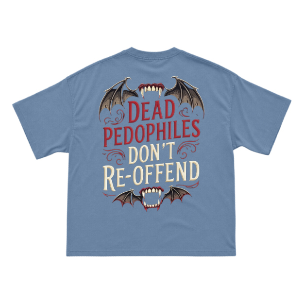 Bat Wing Dead Pedophiles Don't Re-offend Print T-shirt - Dusty Blue - US16-18(2XL) - image 15