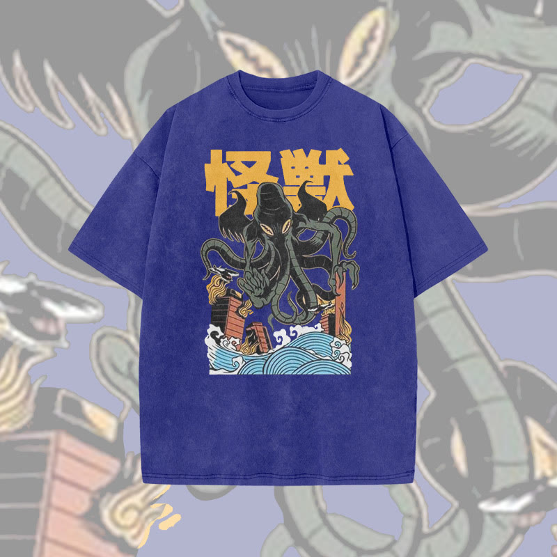 Unisex 100% Cotton Japanese Octopus Monster Print Acid Washed T-shirt