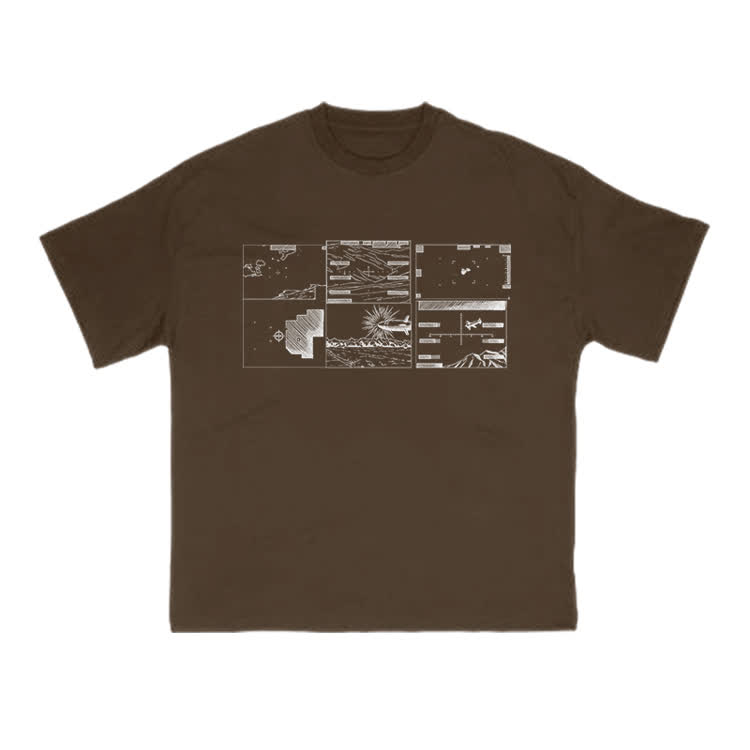 Casual Graphic Panel Print Crew Neck T Shirt - Coffee - US16-18(2XL) - image 10