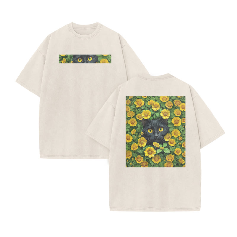 A Black Cat In A Field Of Yellow Flowers Print Acid Washed T-shirt - Beige - US20-22(3XL) - image 3