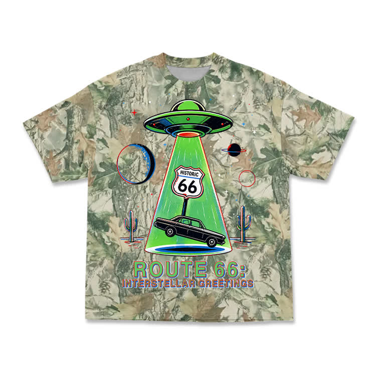 Vintage Route 66 UFO Graphic Camo T-Shirt - Green - 3XL - image 3