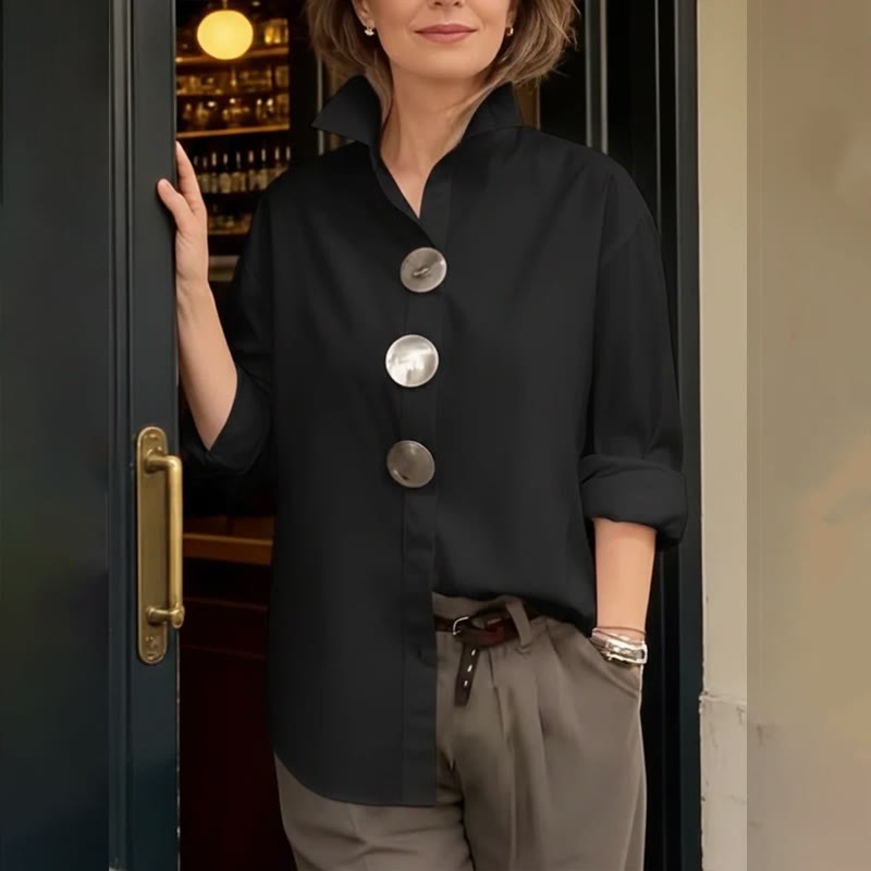 Elegant Solid Oversized Metal Buttons Long-sleeve Blouse - Black - 3XL - image 6