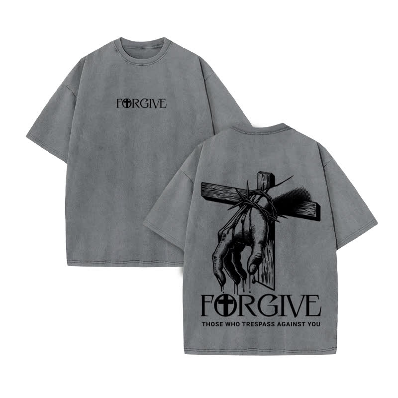 Unisex 100% Cotton Forgive Print Acid Washed T-shirt - Grey - US20-22(3XL) - image 5