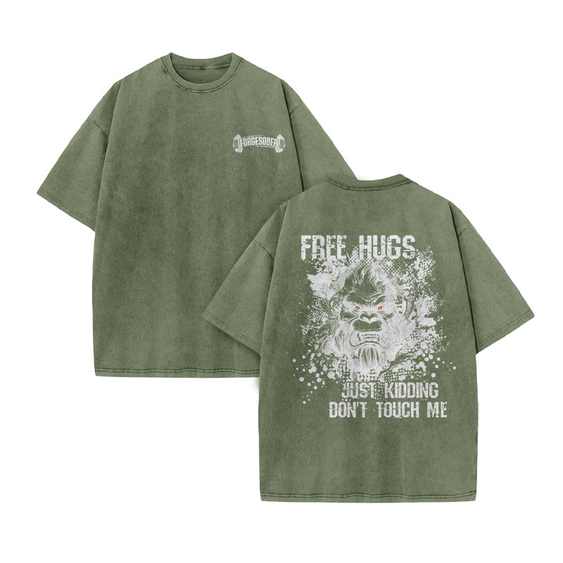 100% Cotton Free Hugs Gym Print Acid Washed T-shirt - Army Green - US20-22(3XL) - image 7
