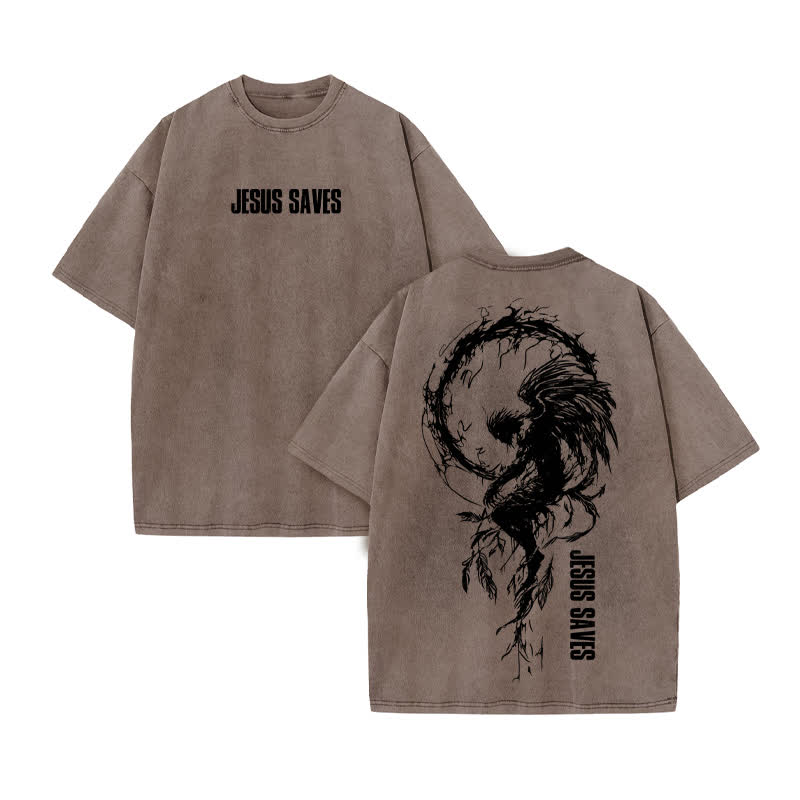 Unisex 100% Cotton Jesus Saves Print Acid Washed T-shirt - Coffee - US20-22(3XL) - image 4