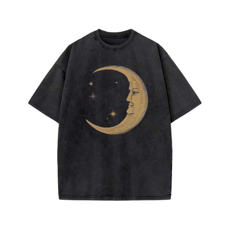 Vintage Moon Face Print Acid Washed T-shirt - Black - US20-22(3XL) - image 7