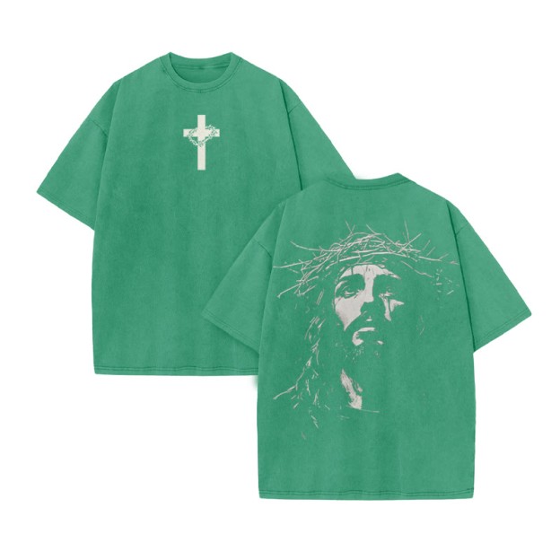 Unisex Jesus Face Print Acid Washed T-shirt - Green - US20-22(3XL) - image 8