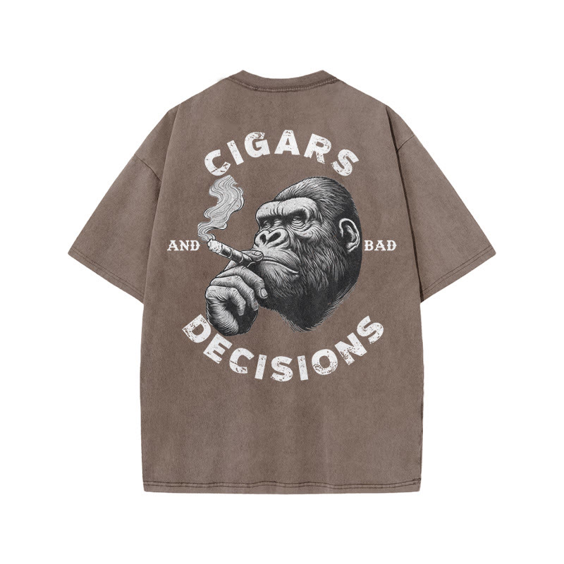 Gym 100% Cotton CIGARS DECISIONS Print Acid Washed T-shirt - Coffee - US20-22(3XL) - image 5