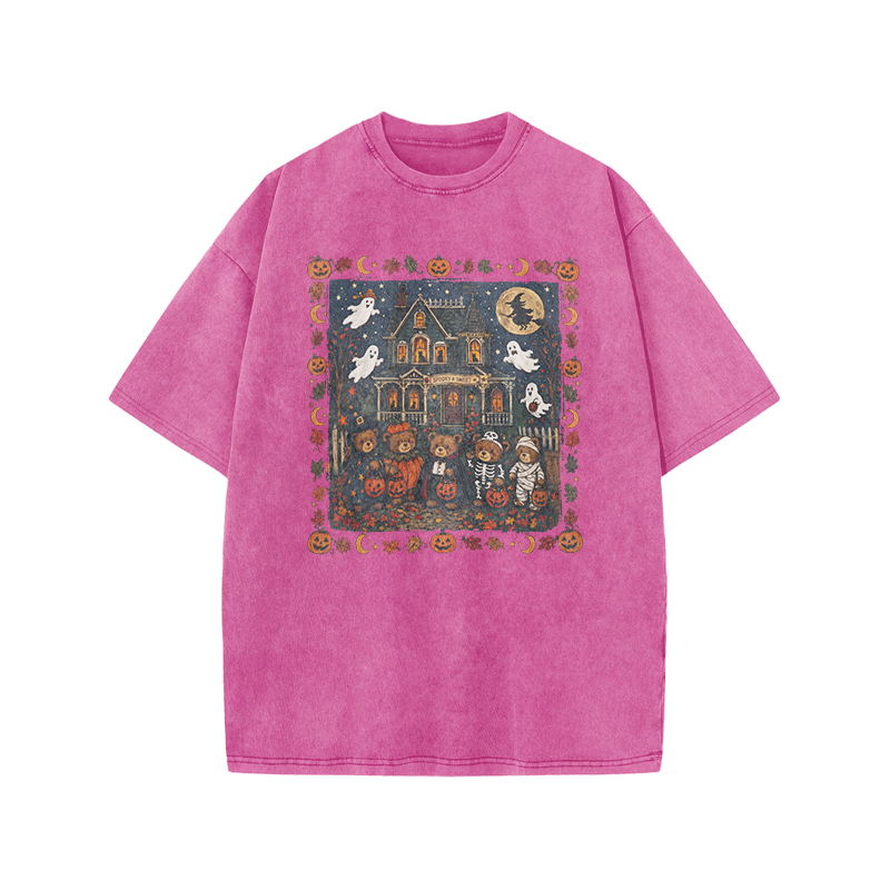  Halloween Haunted House Print Acid Washed T-Shirt - Pink - US20-22(3XL) - image 7