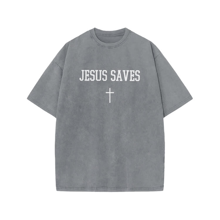 Jesus Saves Cross Print Acid Washed T-shirt - Grey - US20-22(3XL) - image 3
