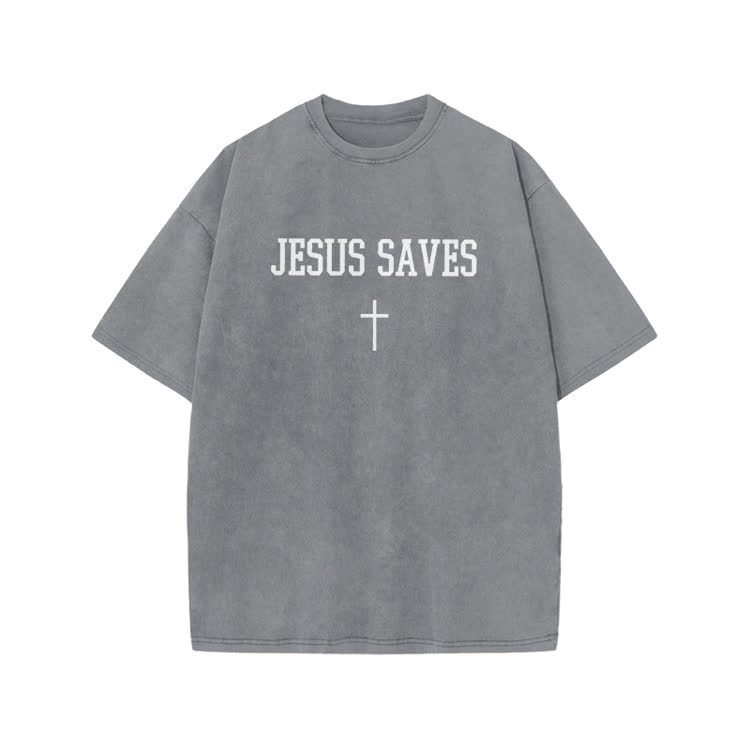 Jesus Saves Cross Print Acid Washed T-shirt - Grey - US20-22(3XL) - image 3