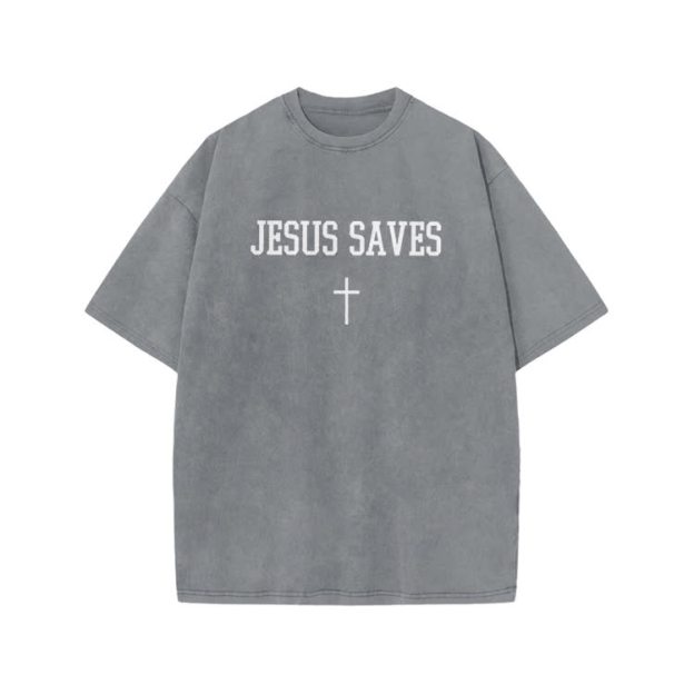 Jesus Saves Cross Print Acid Washed T-shirt - Grey - US20-22(3XL) - image 3