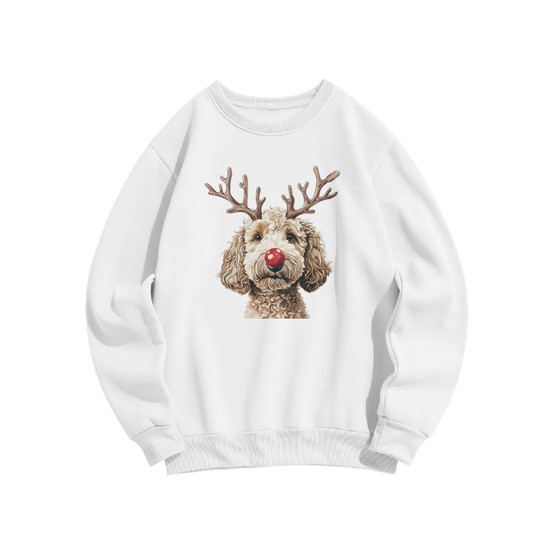 Cream-colored Poodle With Deer Antlers Print Sweatshirt - White - US16-18(2XL) - image 3