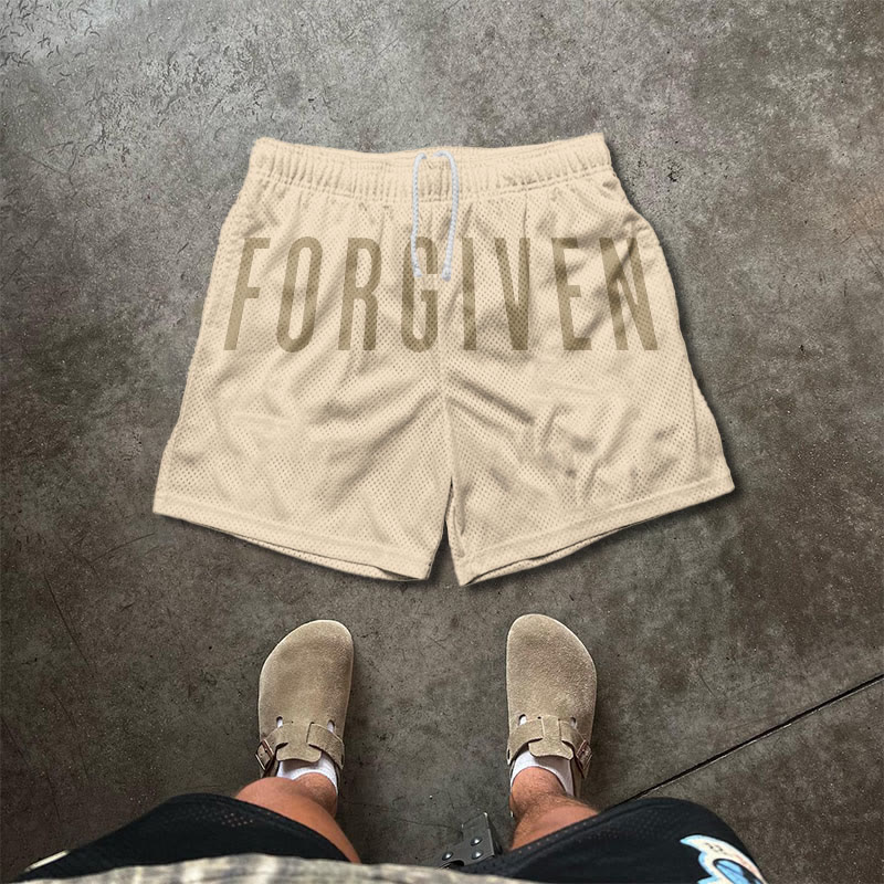 Unisex Forgiven Psalm 32:1 Print Causal Mesh Shorts - Apricot - 5XL - image 3