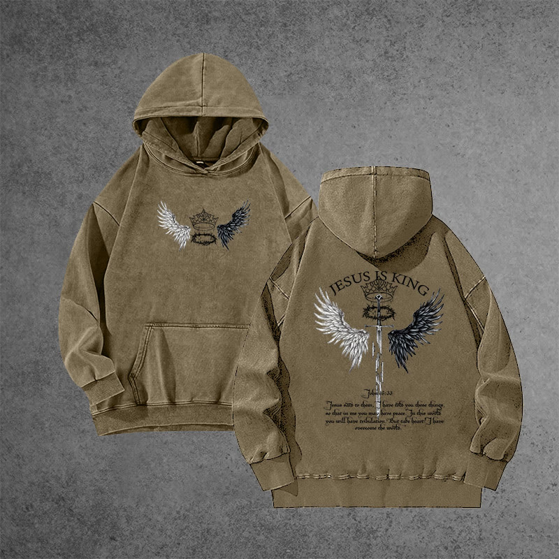 Unisex 100% Cotton JESUS IS KING Printed Washed Hoodie  - Brown - 3XL - image 5