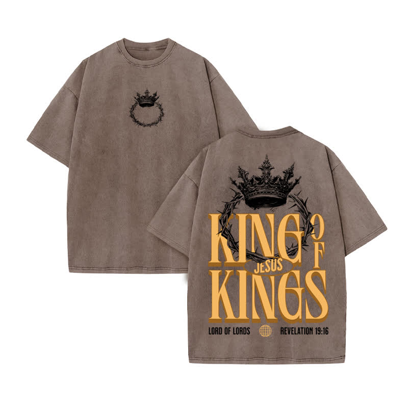 Unisex 100% Cotton JESUS IS KING OF KINGS Print Acid Washed T-shirt - Coffee - US20-22(3XL) - image 4