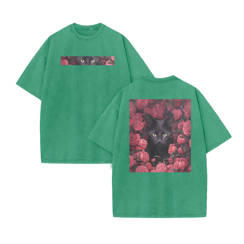 A Black Cat Hidden Among Clusters Of Magenta Roses Print Acid Washed T-shirt - Green - US20-22(3XL) - image 10
