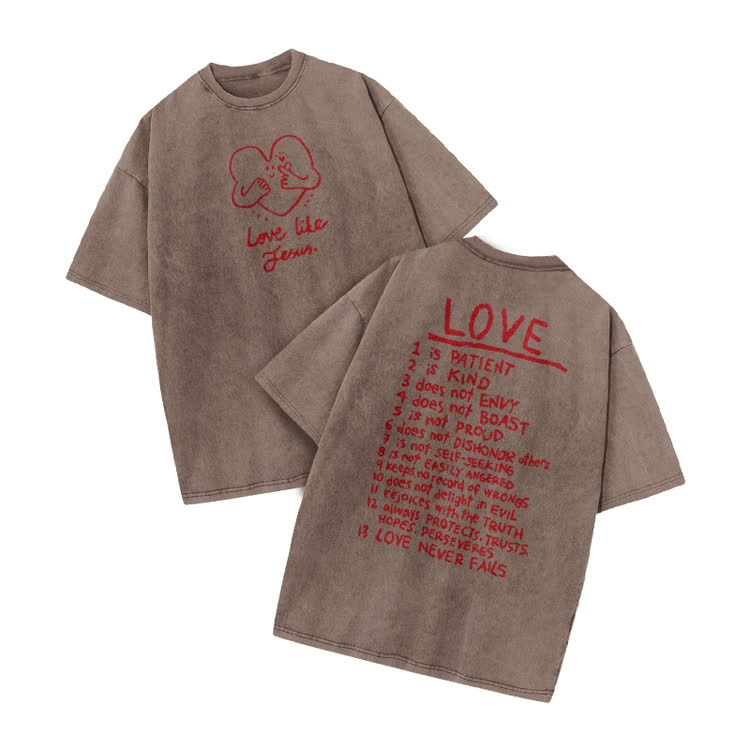 Love Like Jesus Print Acid Washed T-shirt - Coffee - US20-22(3XL) - image 7