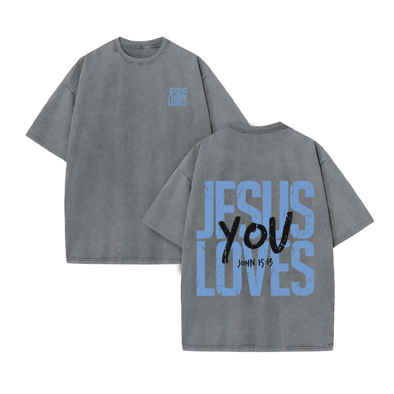 Unisex 100% Cotton JESUS LOVES YOU Print Acid Washed T-shirt - Grey - US20-22(3XL) - image 5