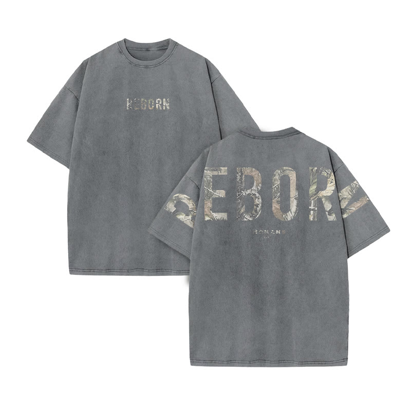Reborn Romans 6:4 Dead Leaves Camouflage Print Acid Washed T-shirt - Grey - US20-22(3XL) - image 5