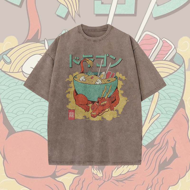 Unisex 100% Cotton Ramen On The Dragon Print Acid Washed T-shirt