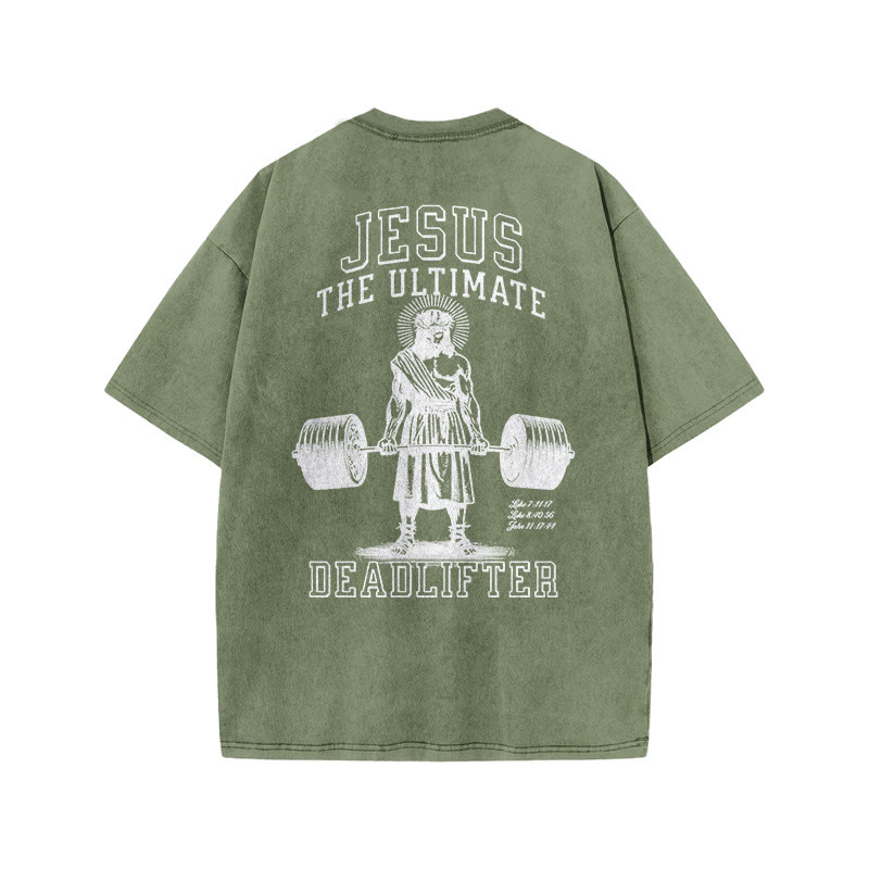 Gym 100% Cotton JESUS Print Acid Washed T-shirt - Army Green - US20-22(3XL) - image 6