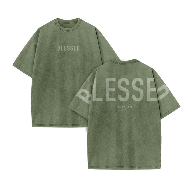 Blessed Matthew 5:3-12 Print Acid Washed T-shirt - Army Green - US20-22(3XL) - image 6
