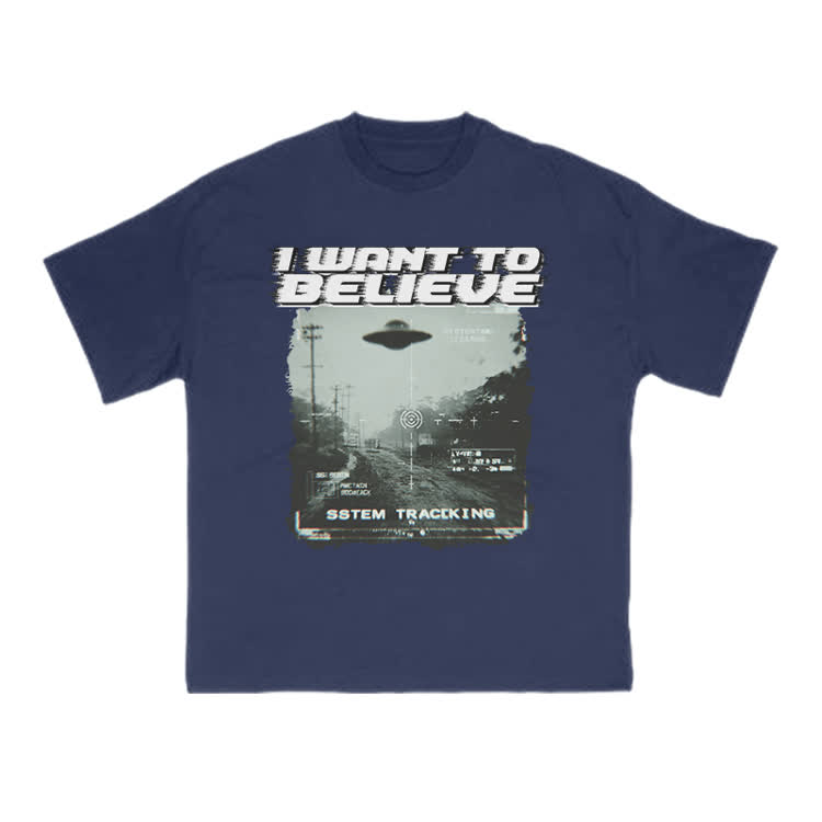 Vintage Sci Fi I Want to Believe Graphic Crew Neck T Shirt - Navy Blue - US16-18(2XL) - image 11