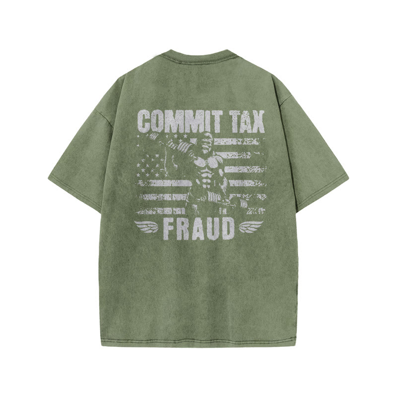 100% Cotton COMMIT TAX FRAUD Gym Print Acid Washed T-shirt - Army Green - US20-22(3XL) - image 6